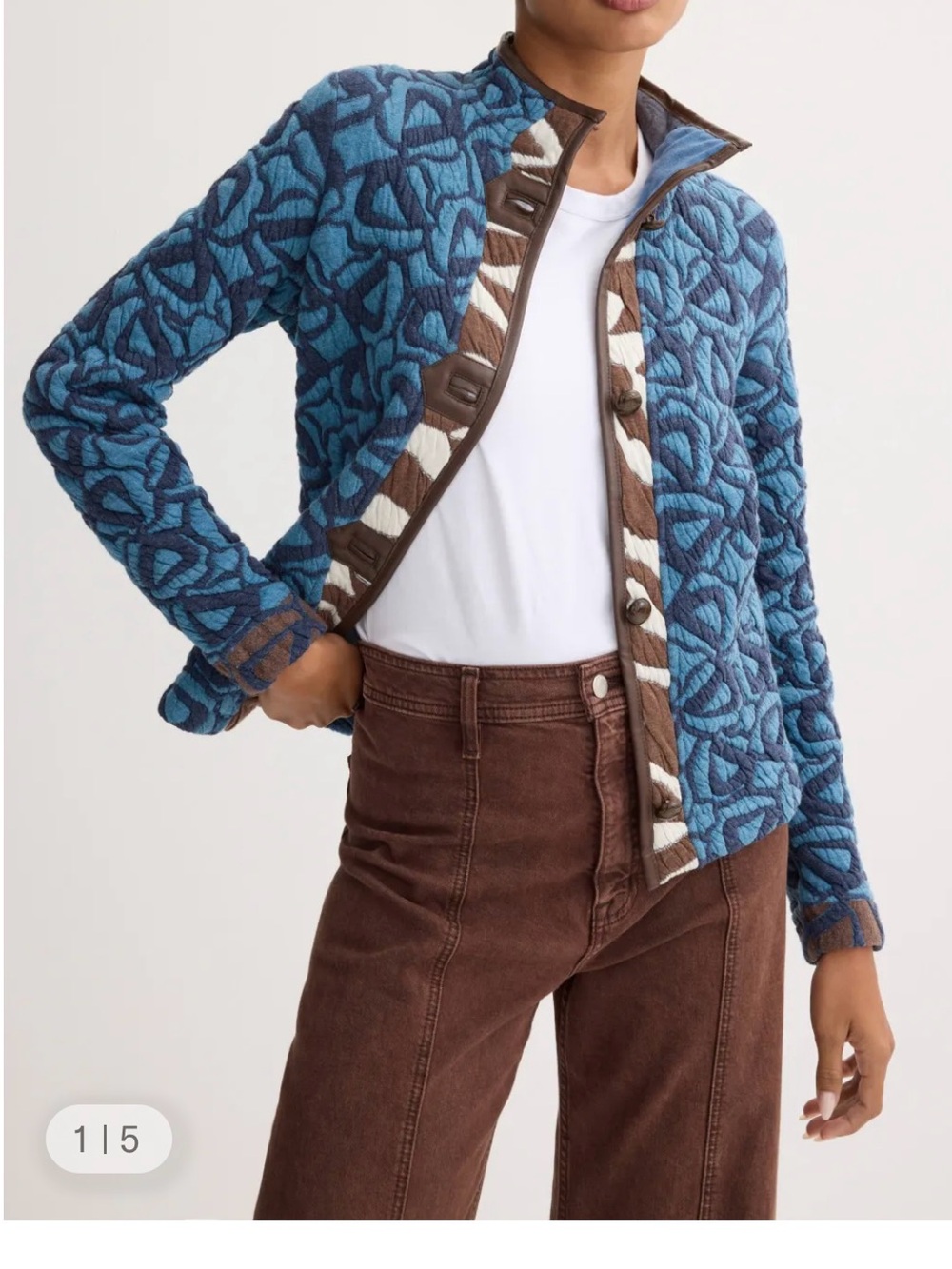 Blue Patterned Quilted Jacket with Brown Trim